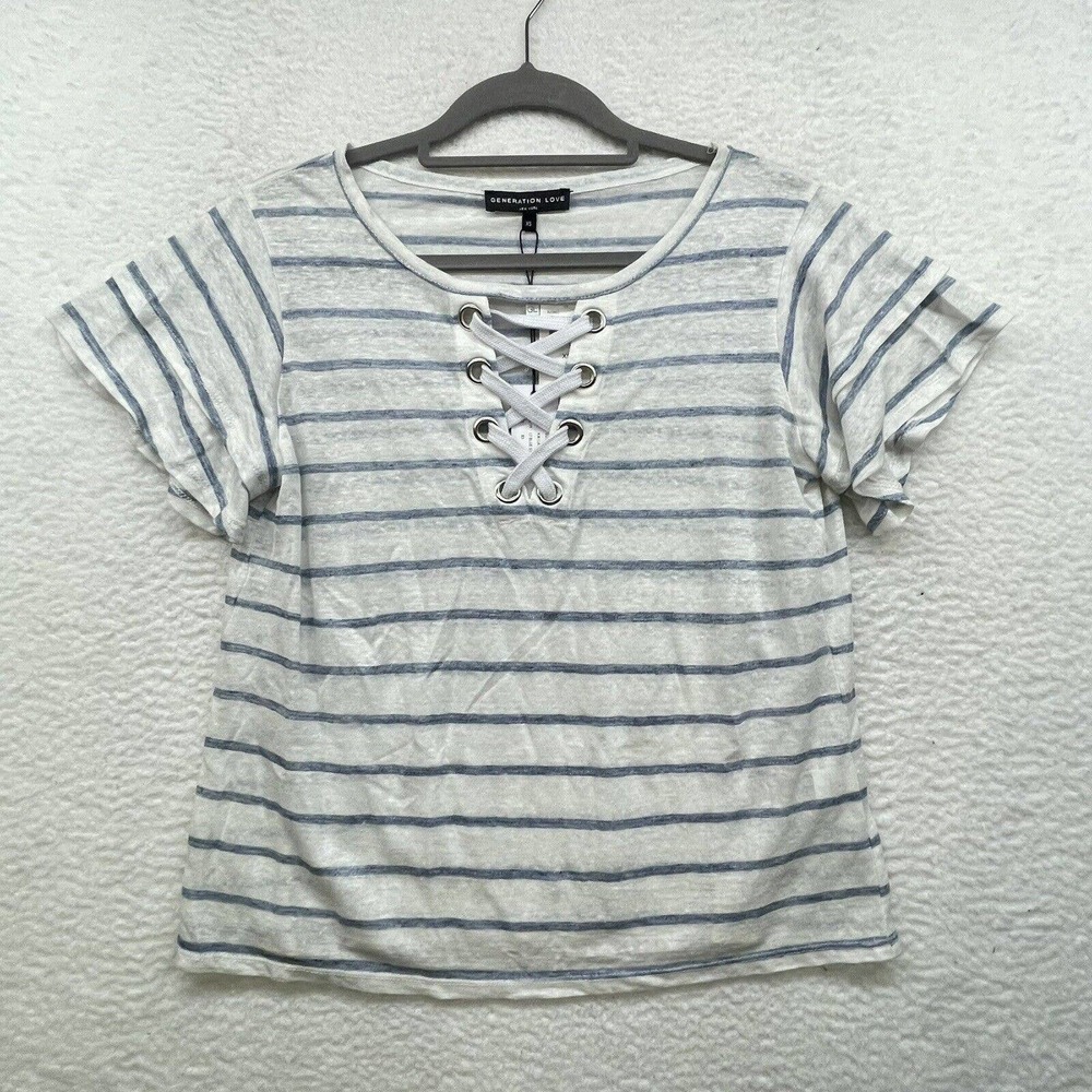 Generation Love Shirt Womens XS Blue White Kiki Linen Lace Up Minimalist Classic